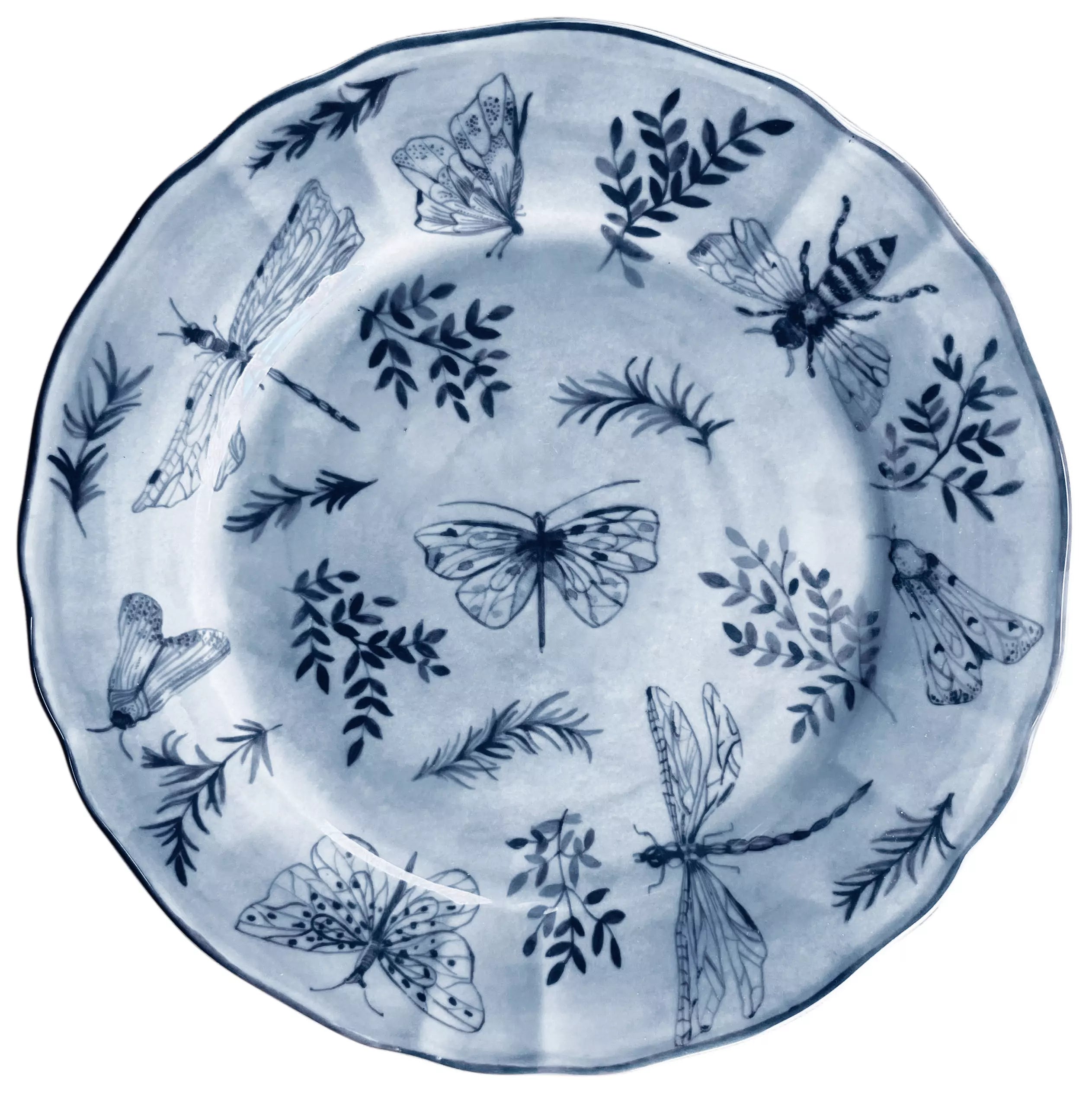 ARCUCCI – BANDEJA REDONDA SONIA 33CM DE PORCELANA DECORADA CON MARIPOSAS Y FLORES - Azul
